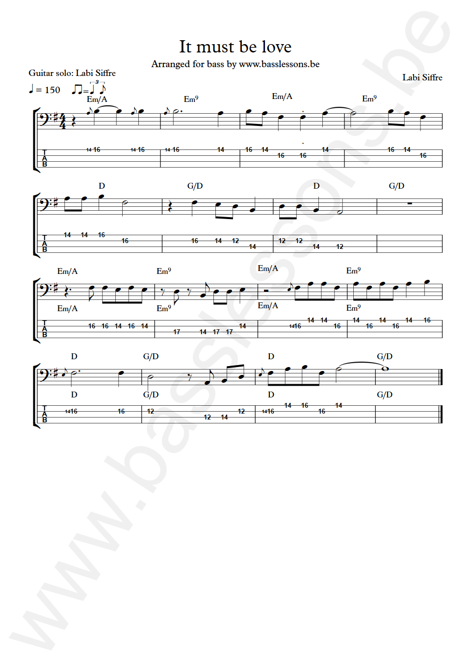 Labi Siffre It must be love guitar solo Transcription arranged for bass guitar