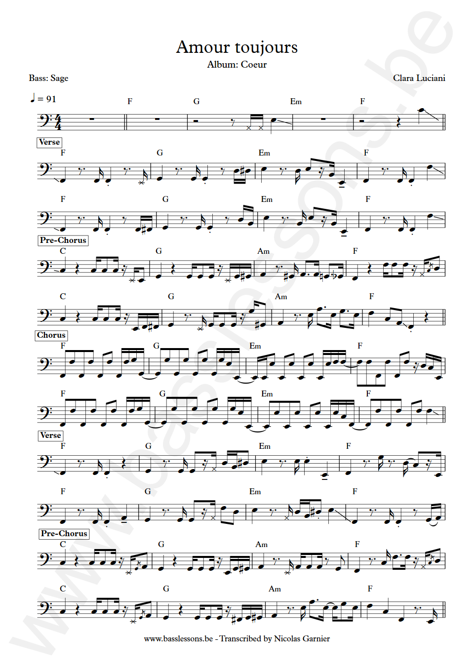 Clara Luciani Amour toujours Laurent Vernerey Bass Transcription