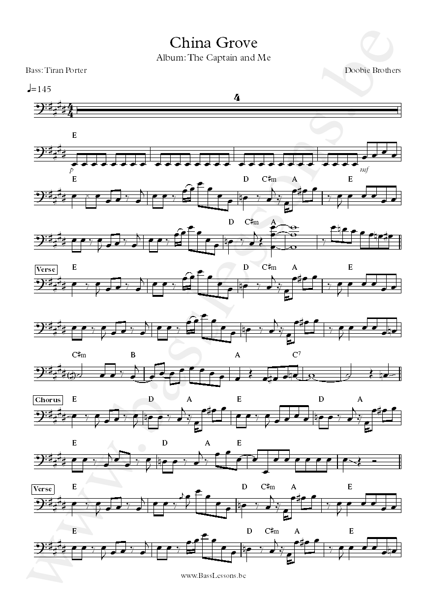 Doobie Brothers China Grove Tiran Porter bass transcription