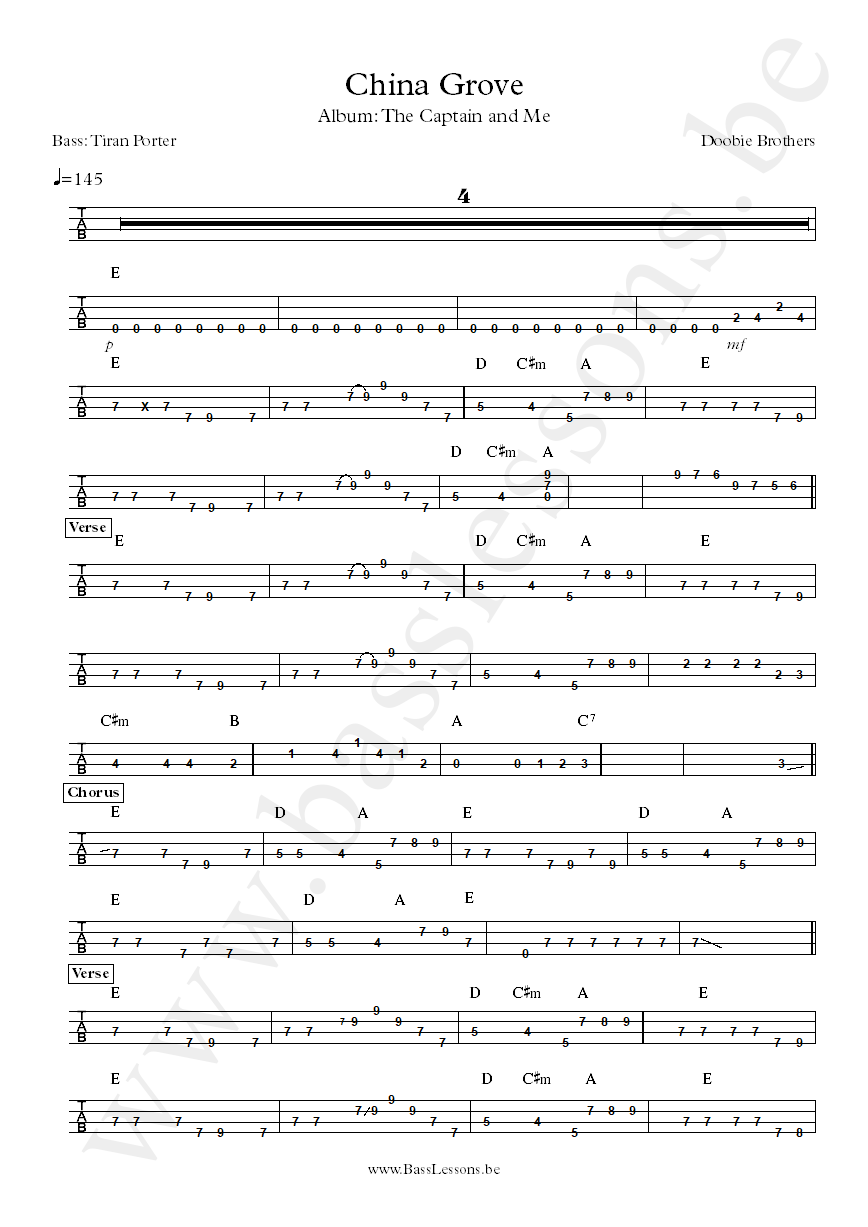 Doobie Brothers China Grove Tiran Porter bass tab