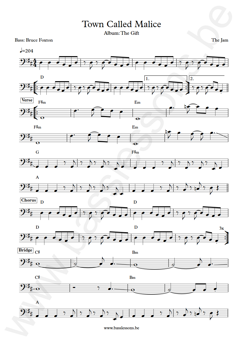 The Jam Town Called Malice Bruce Foxton Bass Transcription
