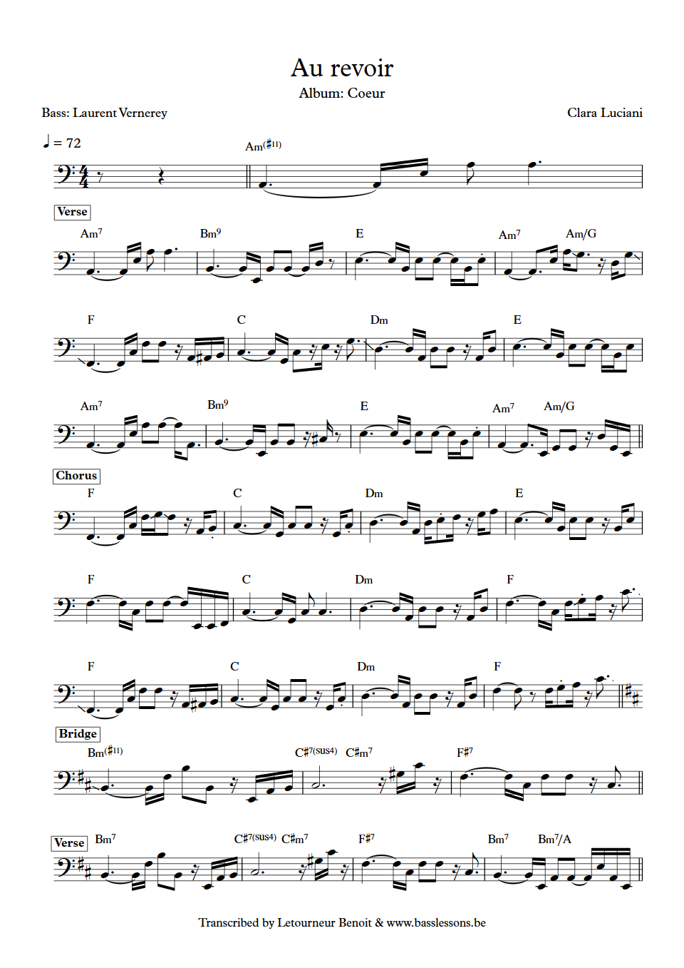 Clara Luciani Au revoir Laurent Vernerey Bass Transcription