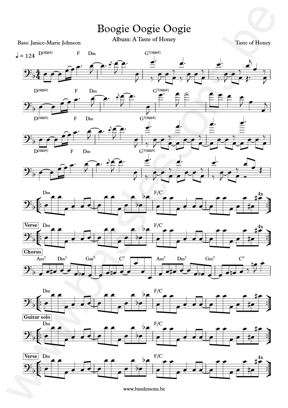 Taste of Honey Boogie Oogie Oogie Janice-Marie Johnson Bass Transcription