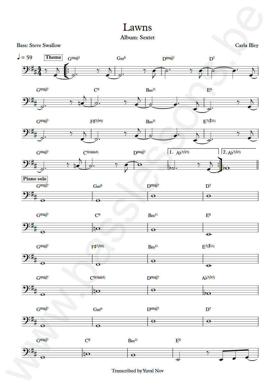 Carla Bley Lawns Steve Swallow Bass Transcription