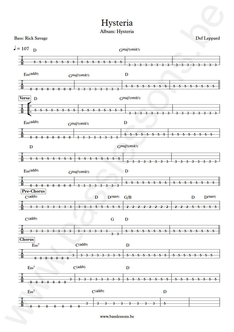 Def Leppard Hysteria Rick Savage Bass Tab