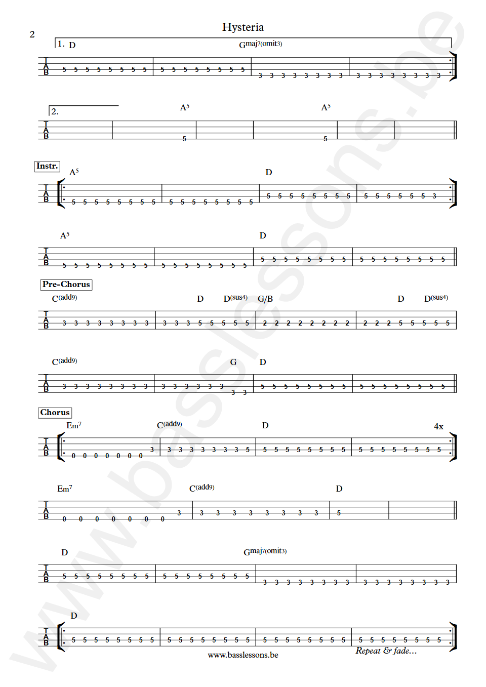 Def Leppard Hysteria Rick Savage Bass Tab part 2