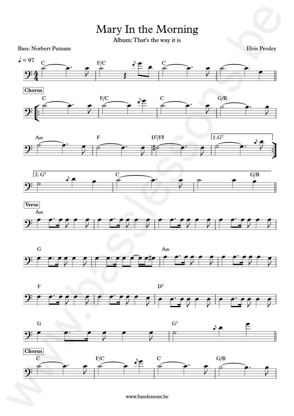 Elvis Presley Mary In the Morning Jerry Scheff Bass Transcription