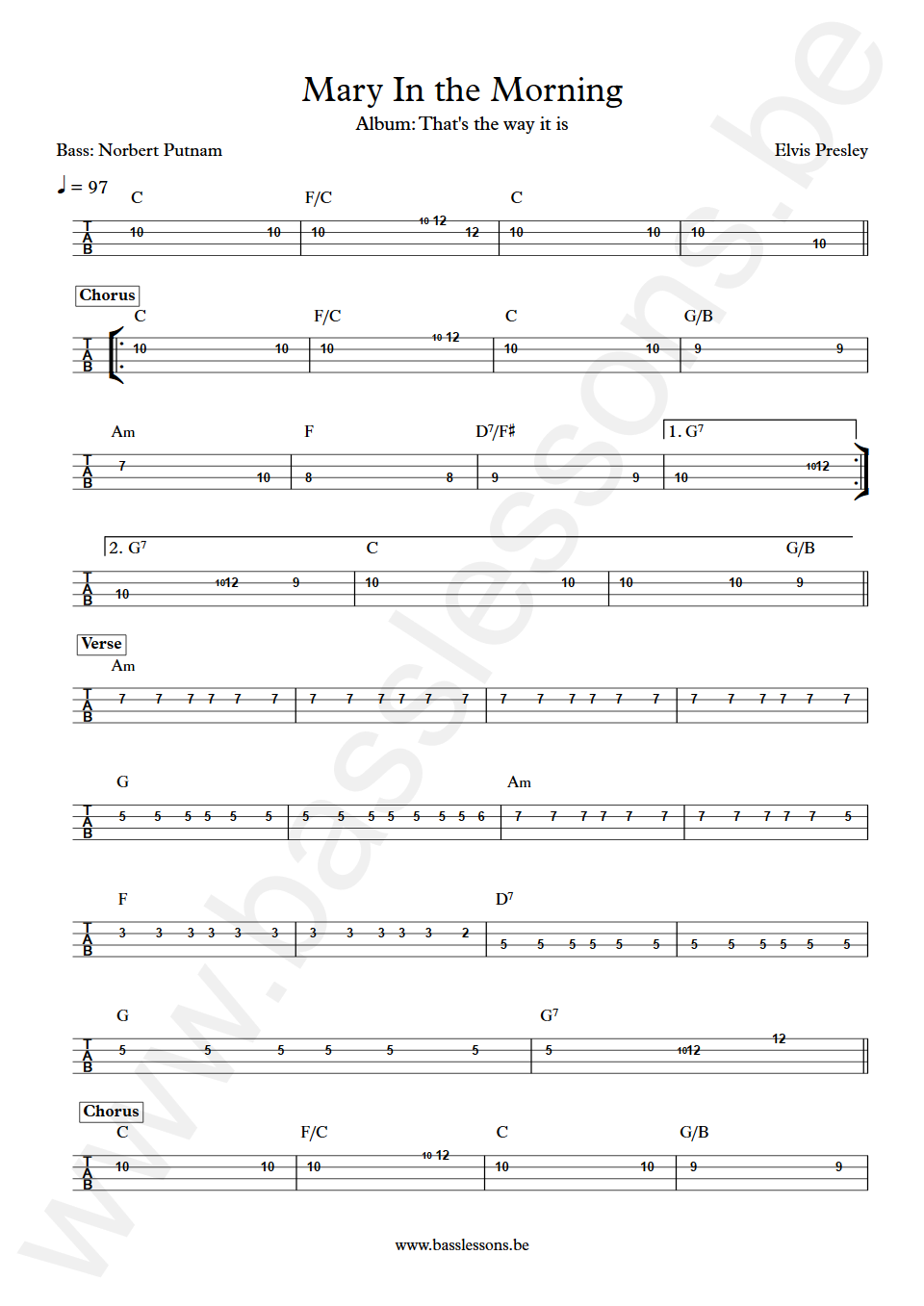 Elvis Presley Mary In the Morning Jerry Scheff Bass Tab