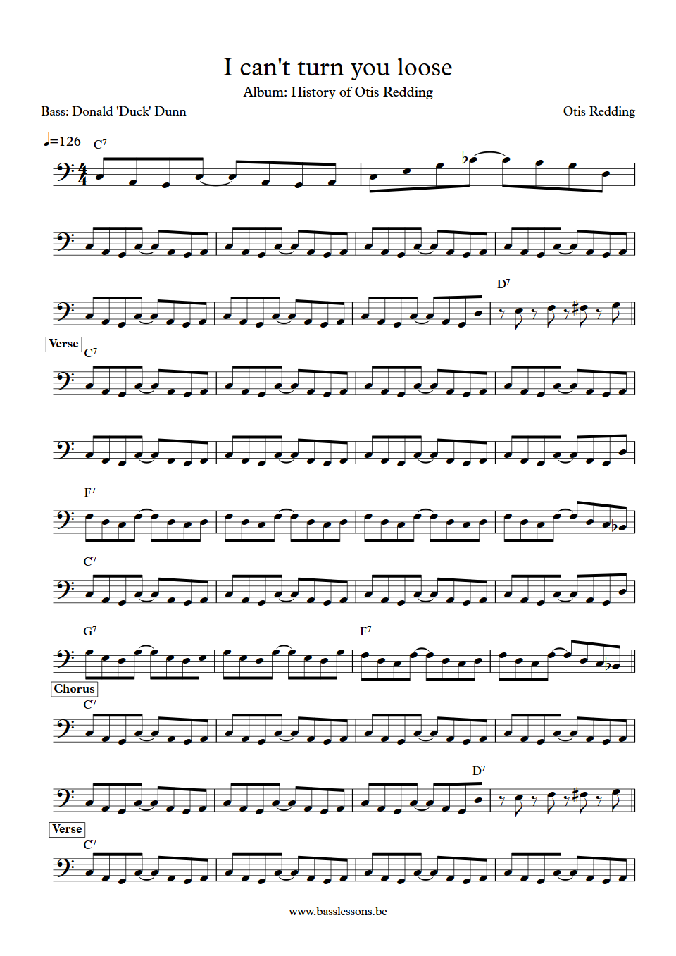Otis Redding I cant turn you loose donald duck dunn bass transcription