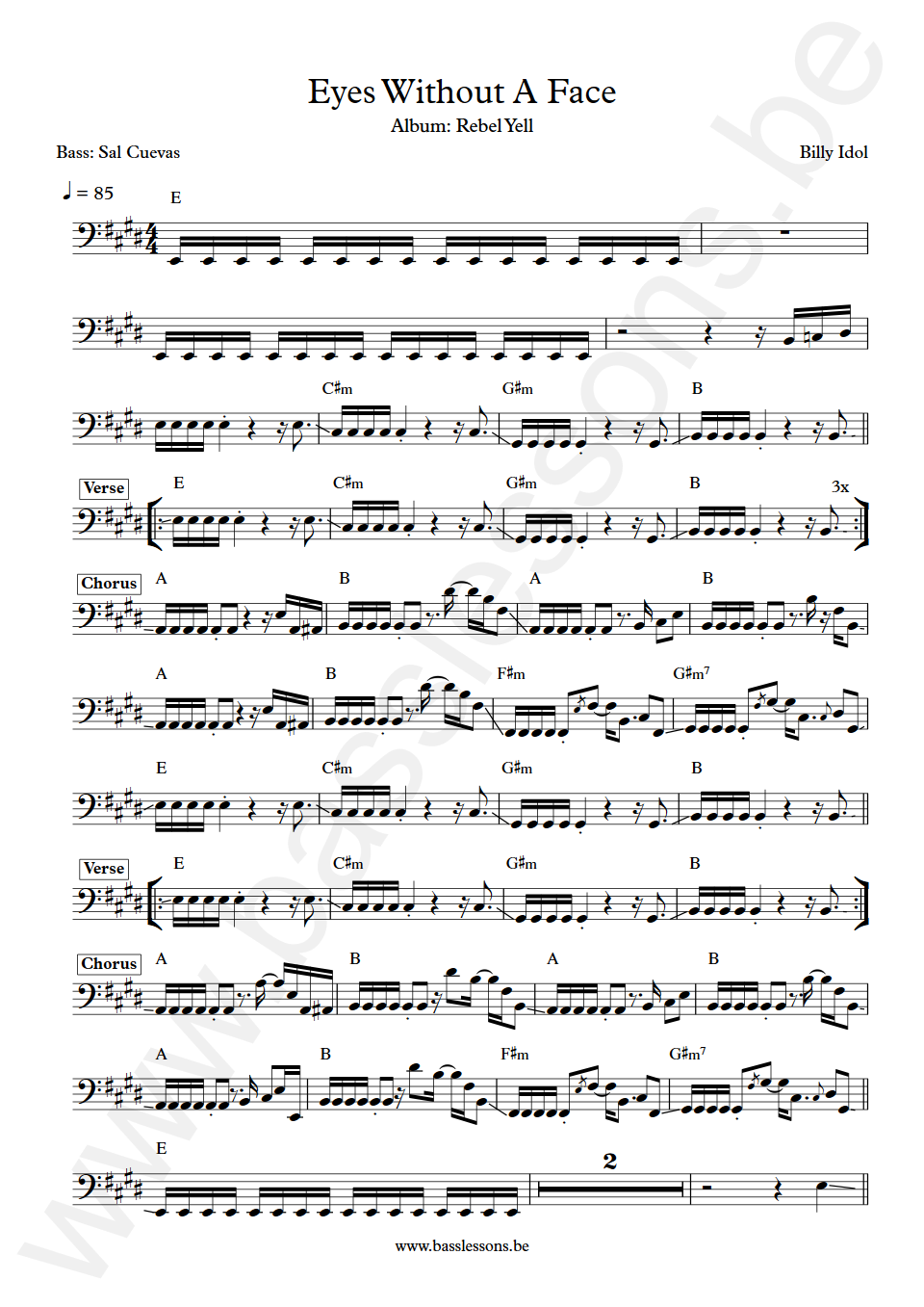 Billy Idol Eyes Without A Face Sal Cuevas Bass Transcription