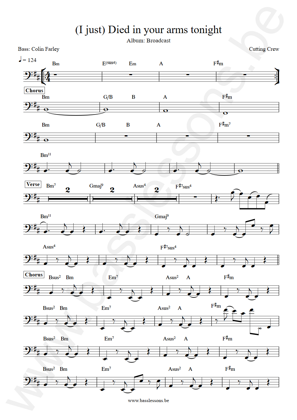 Cutting Crew Died in your arms tonight Colin Farley Bass Transcription