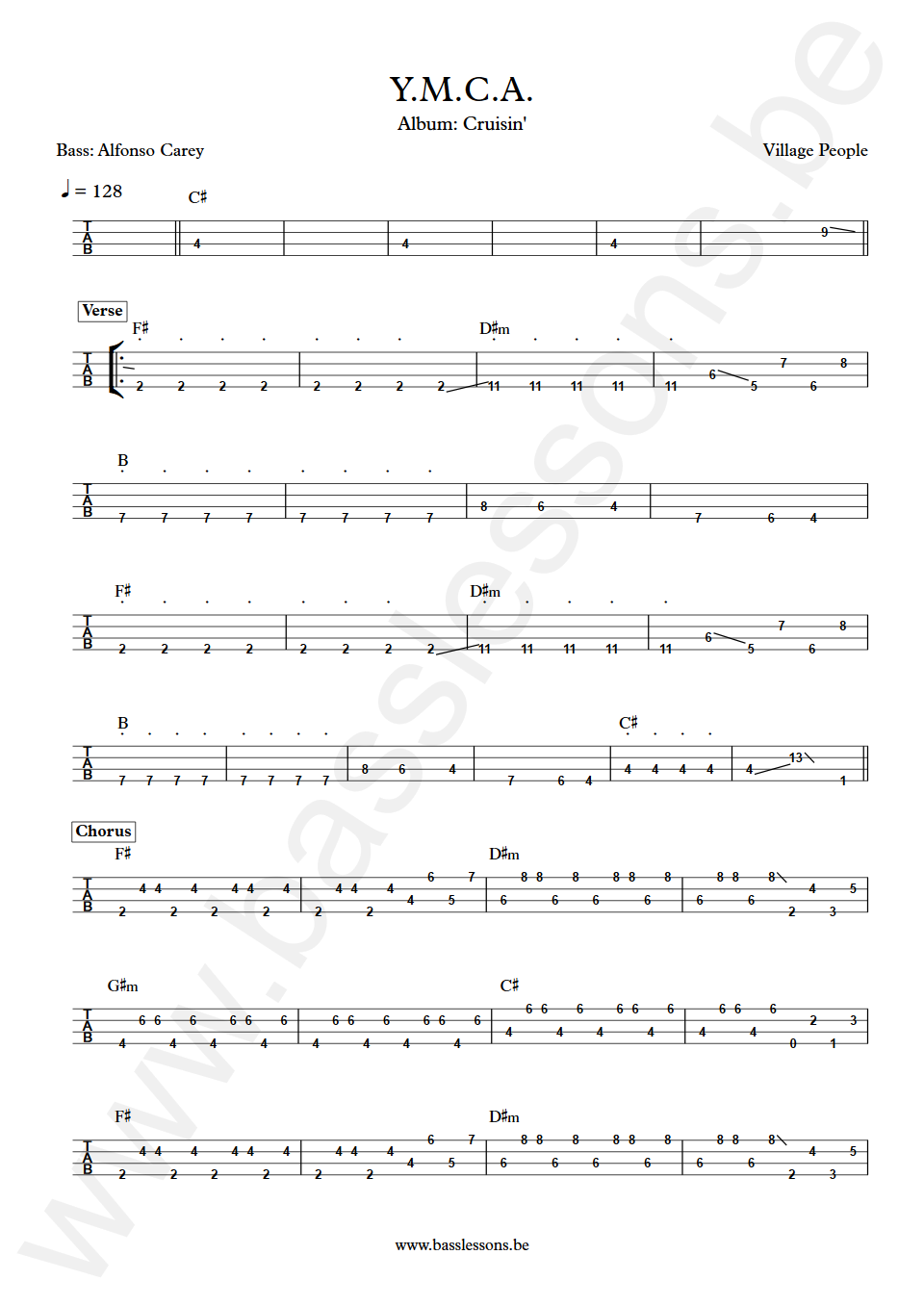 Village People Y.M.C.A. Alfonso Carey Bass Tab