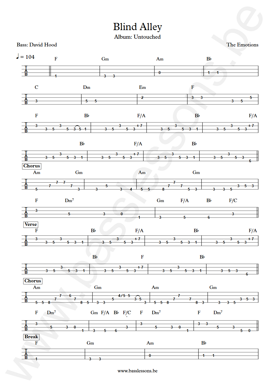 The Emotions Blind Alley David Hood Bass Tab