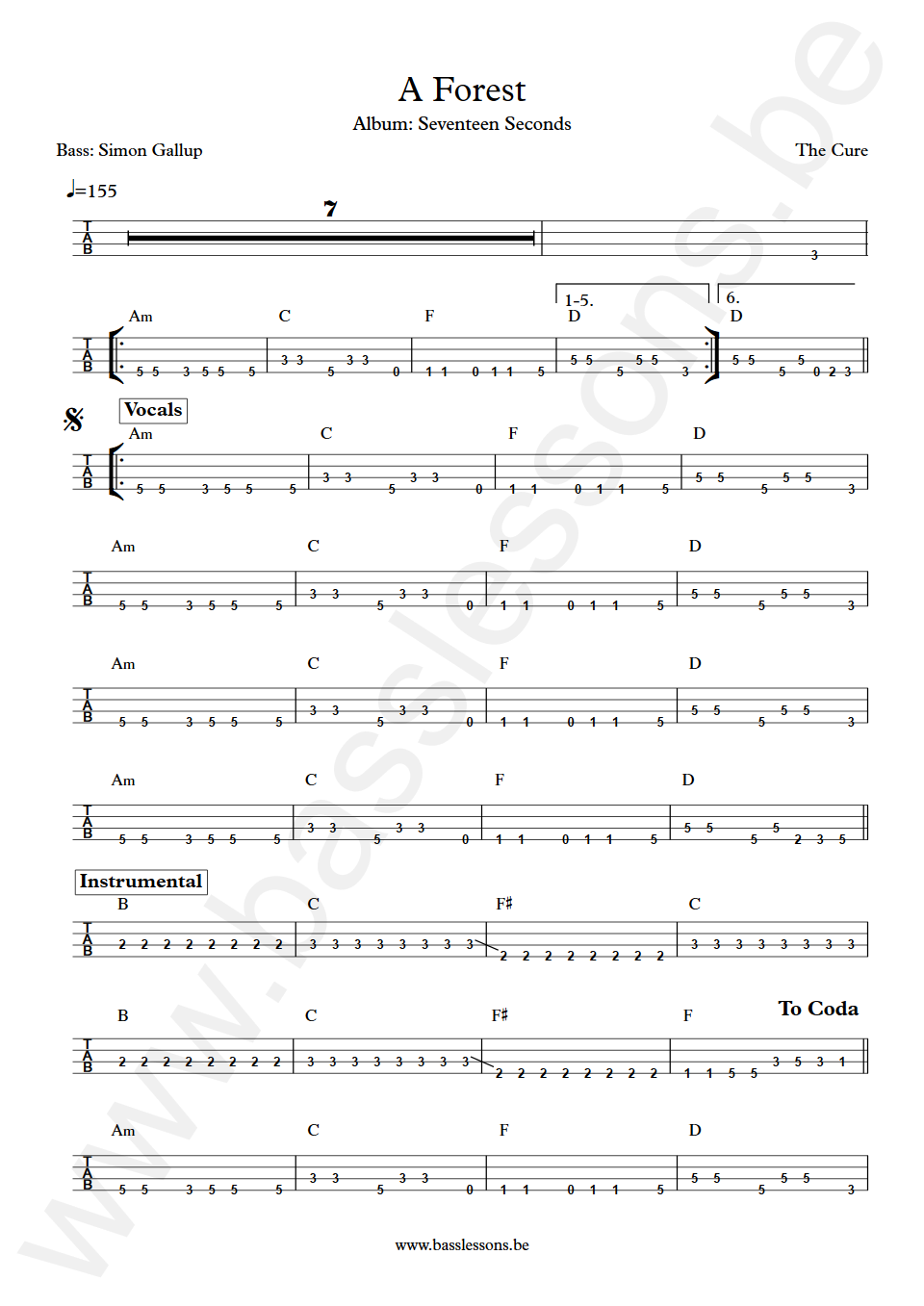 The Cure A Forest Simon Gallup Bass Tab