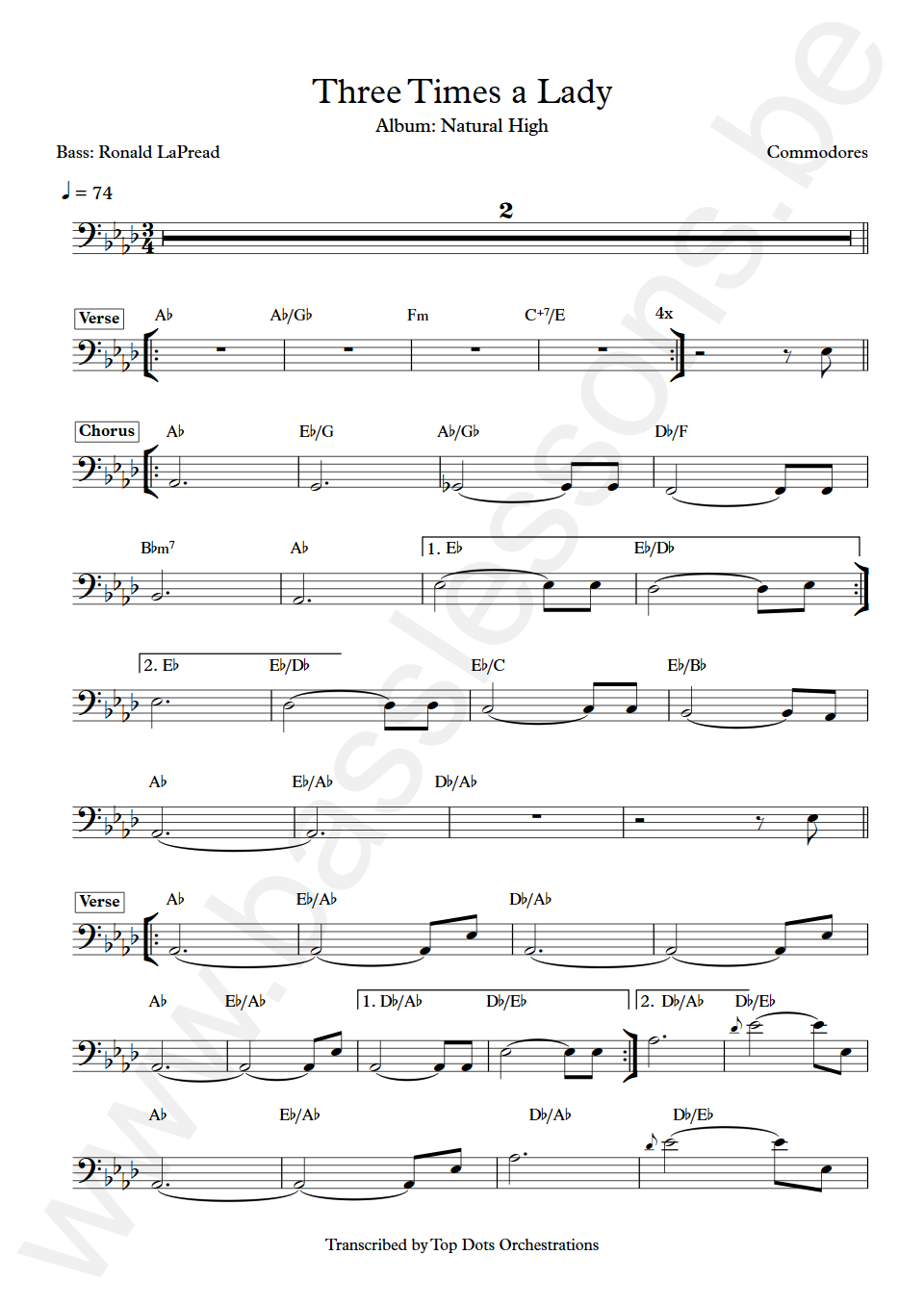 Commodores Three Times a Lady Ronald LaPread Bass Transcription