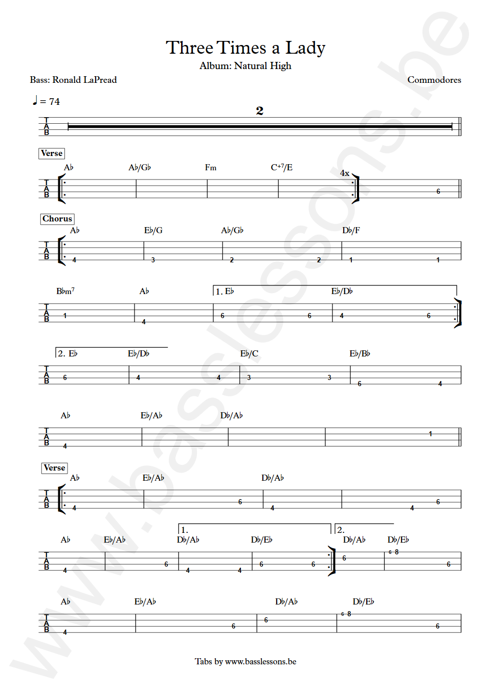 Commodores Three Times a Lady Ronald LaPread Bass Tab