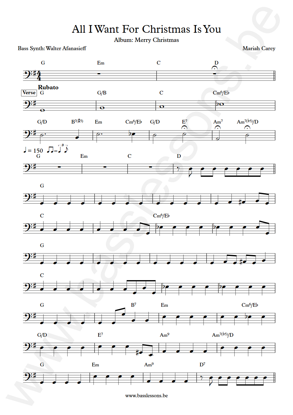 Mariah Carey All I Want For Christmas Is You Walter Afanasieff  Bass Transcription