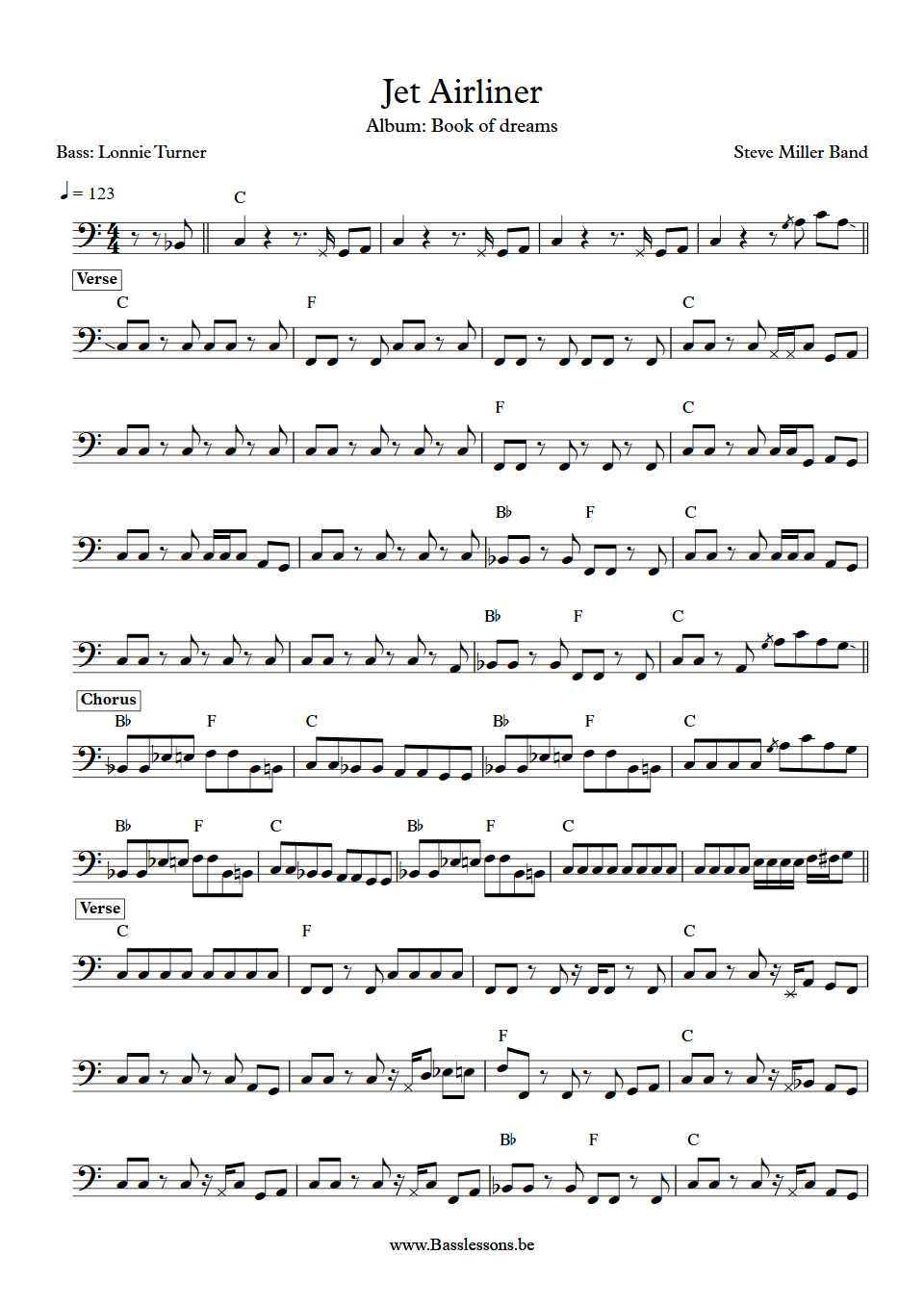 Steve Miller Band Jet Airliner Lonnie Turner Bass Transcription