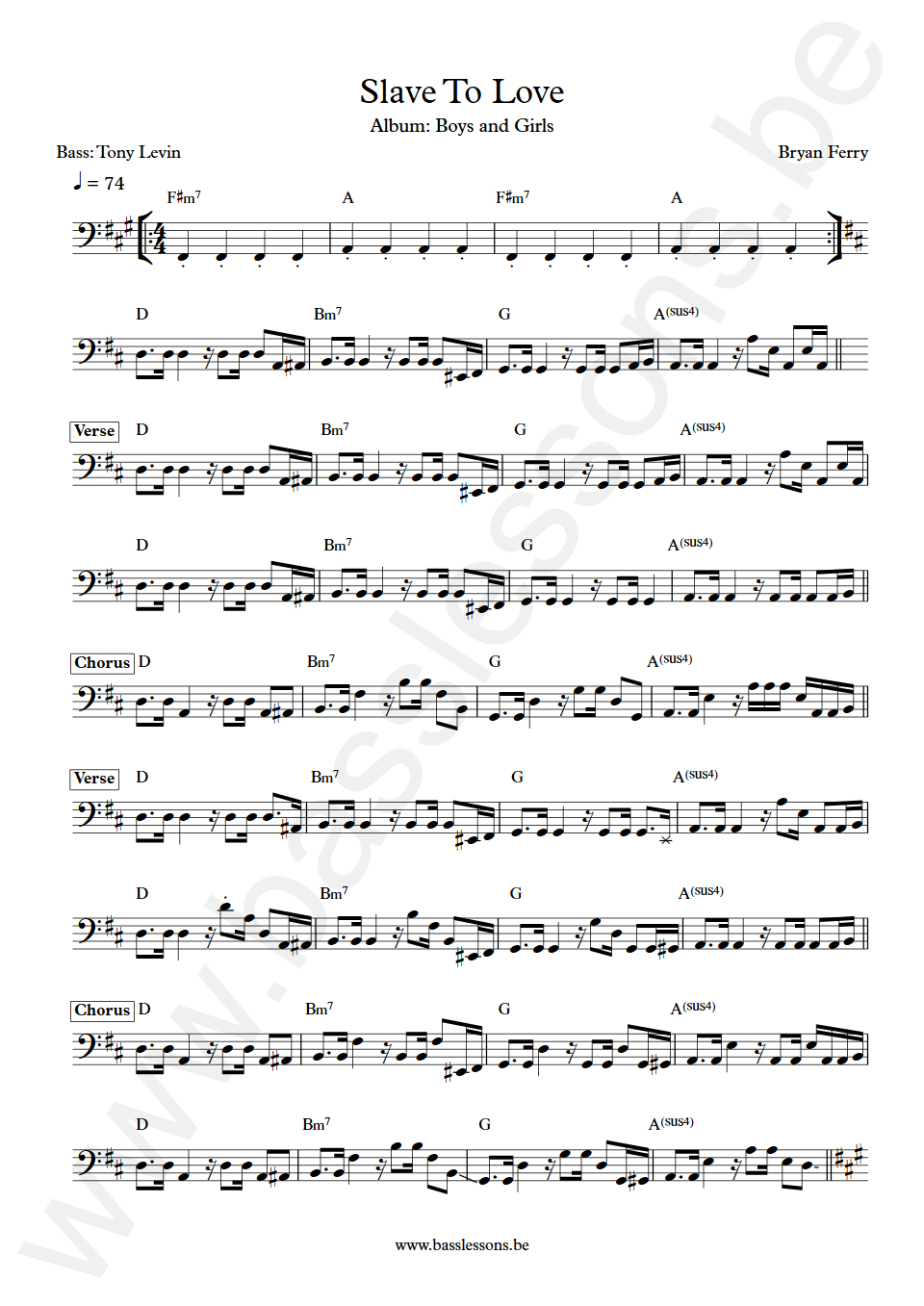 Bryan Ferry Slave To Love Tony Levin Bass Transcription
