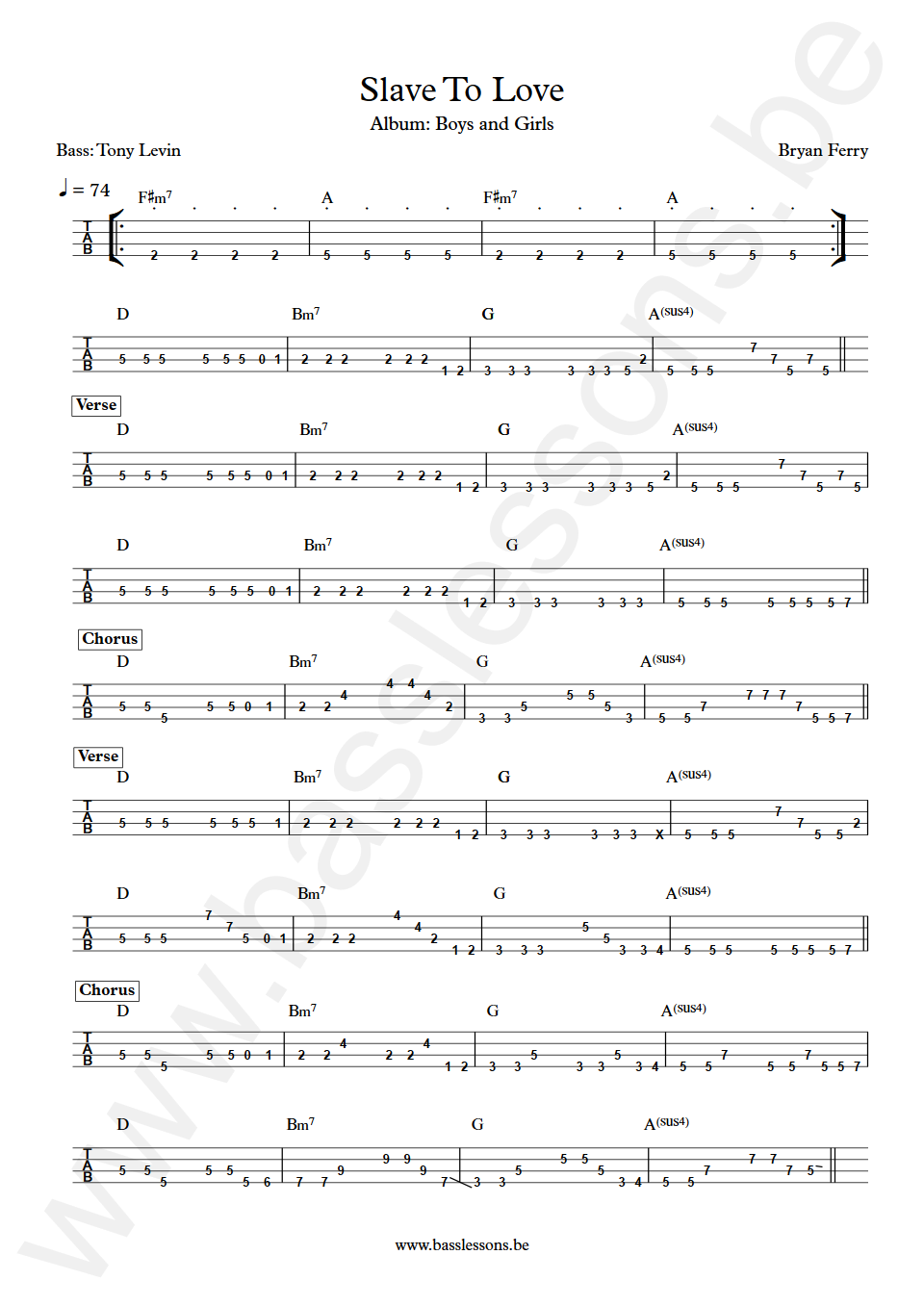 Bryan Ferry Slave To Love Tony Levin Bass Tab