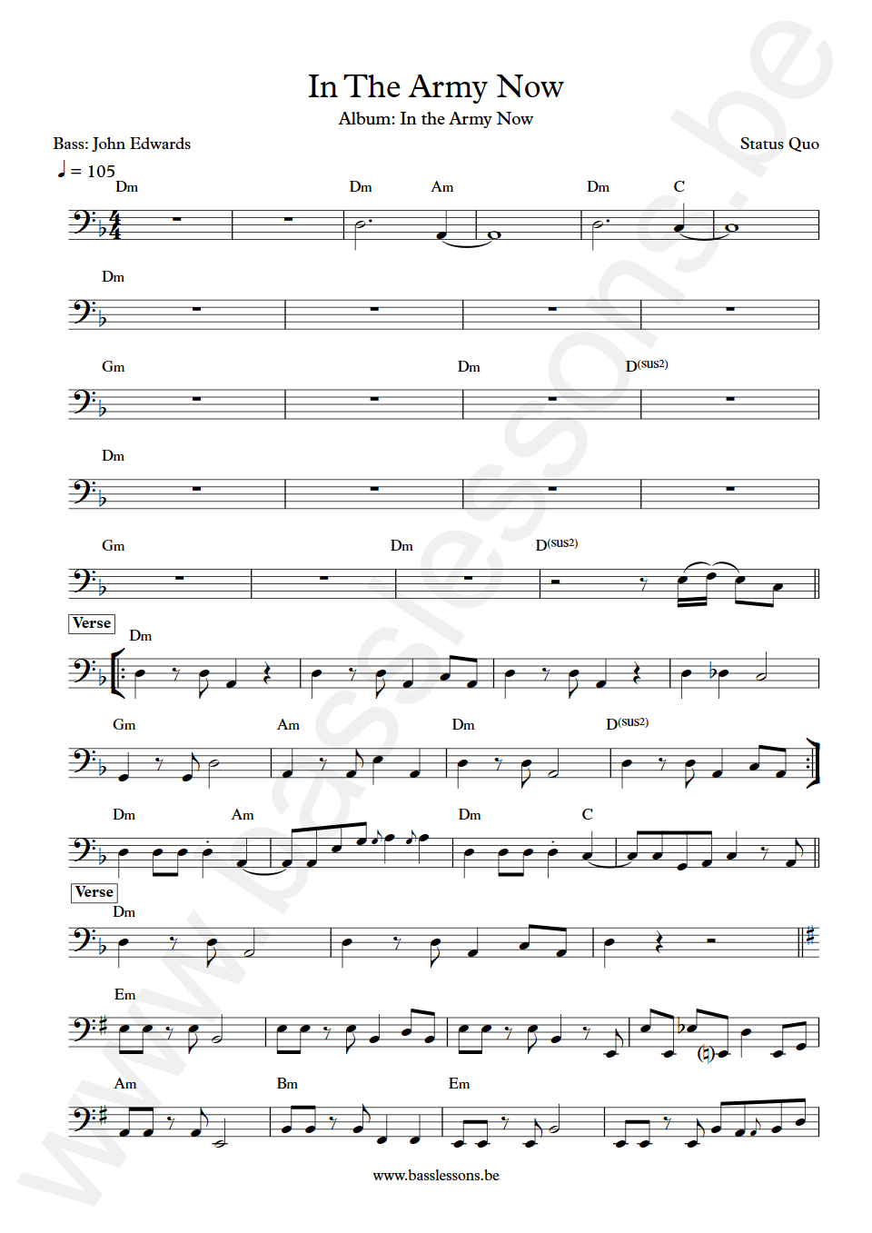 Status Quo In The Army Now John Edwards Bass Transcription