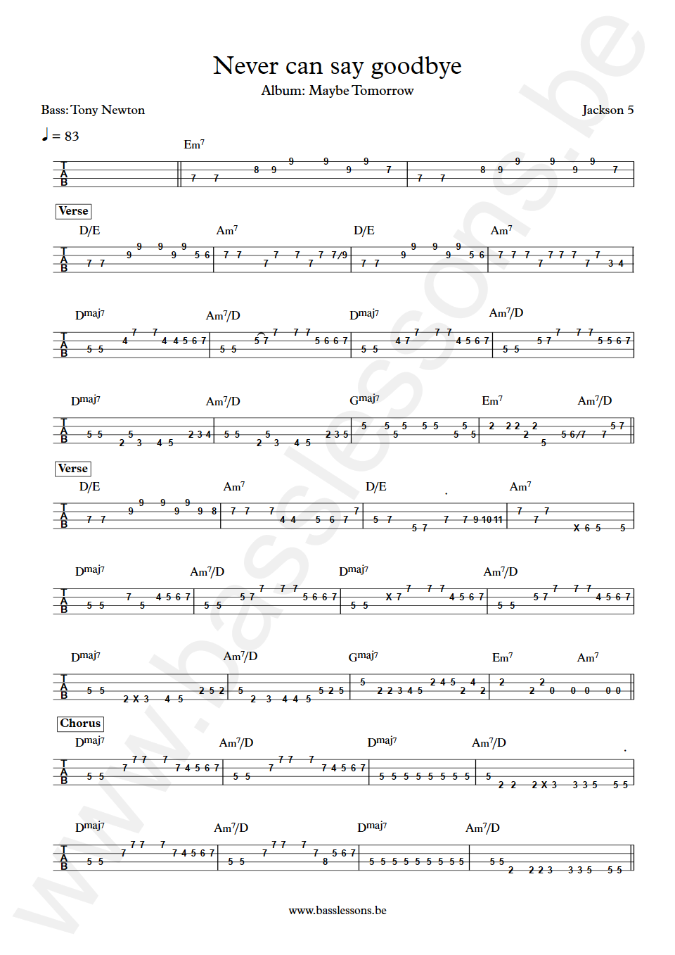 Jackson 5 Never can say goodbye James Jamerson Bass Tab