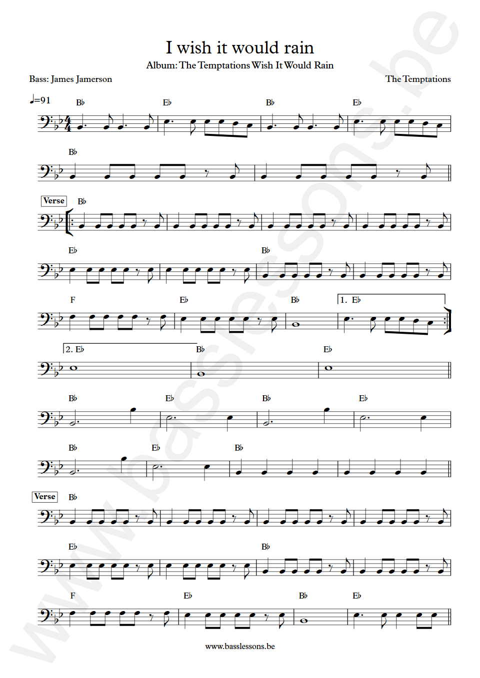 The Temptations I wish it would rain James Jamerson Bass Transcription