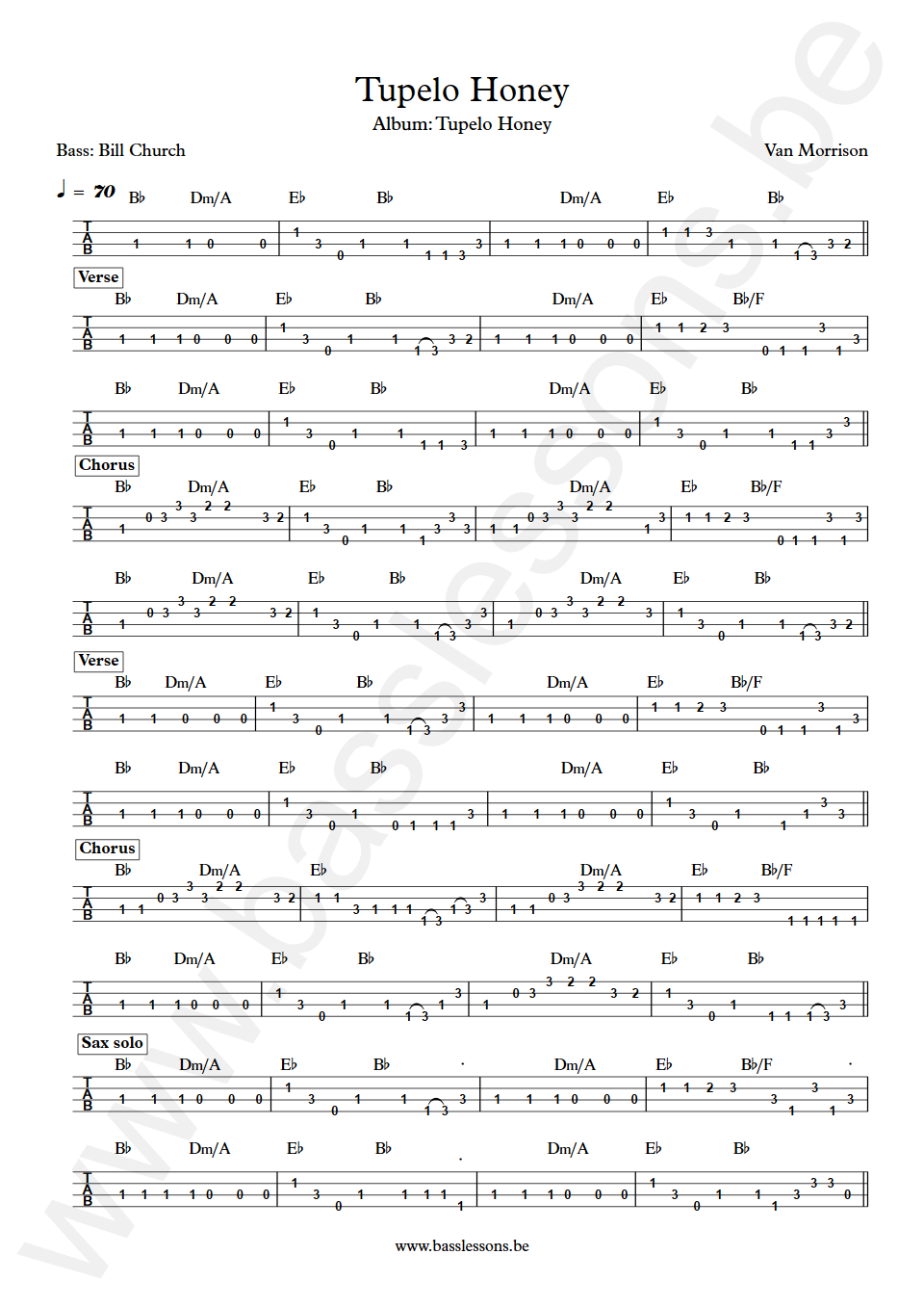 Van Morrison Tupelo Honey Bill Church Bass Tab