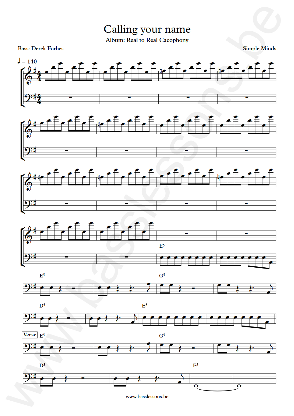 Simple Minds Calling your name Derek Forbes Bass Transcription