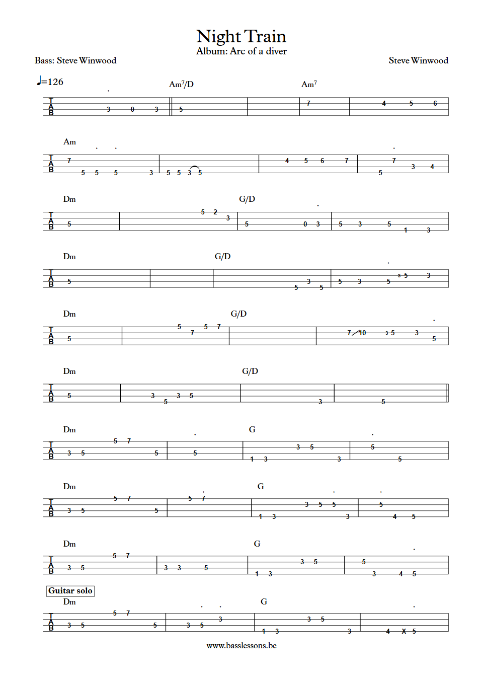 Steve Winwood Night Train bass tab