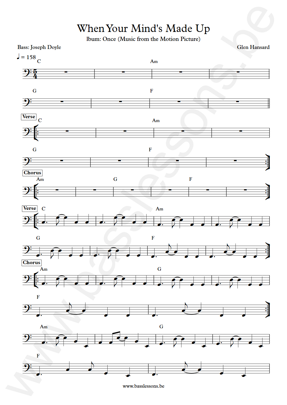 Glen Hansard When Your Mind's Made Up Joseph Doyle Bass Transcription