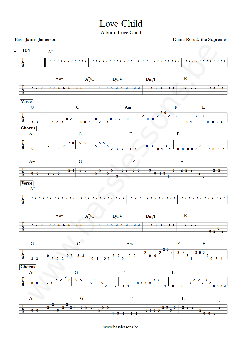 Diana Ross & the Supremes Love Child James Jamerson Bass Tab