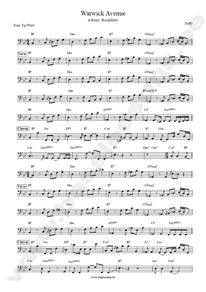 Duffy Warwick Avenue Bass transcription