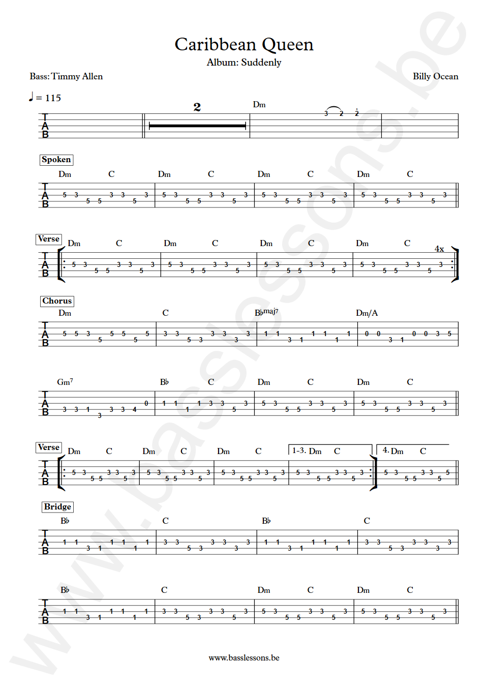 Billy Ocean Caribbean Queen Timmy Allen Bass Tab