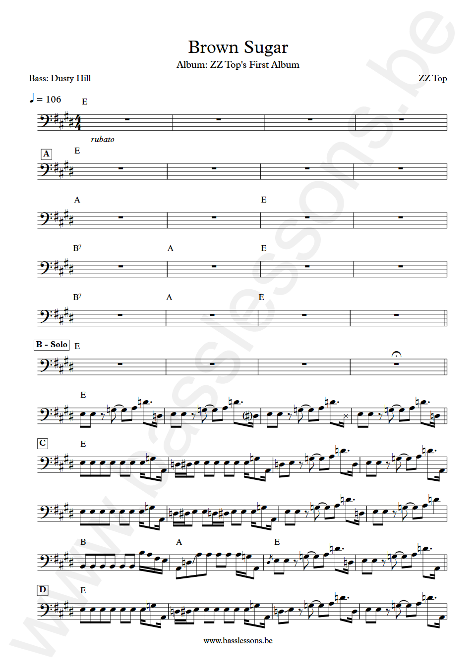 ZZ Top Brown Sugar Dusty Hill Bass Transcription