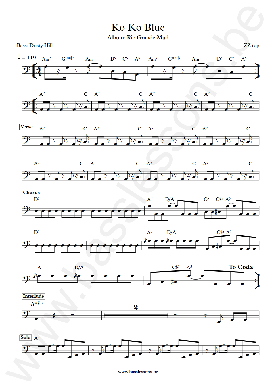 ZZ Top Ko Ko Blue Dusty Hill Bass Transcription