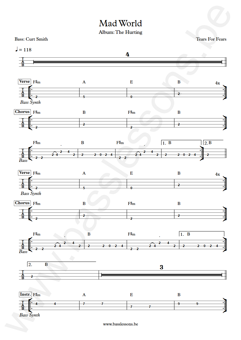 Tears For Fears Mad World Curt Smith Bass Tab