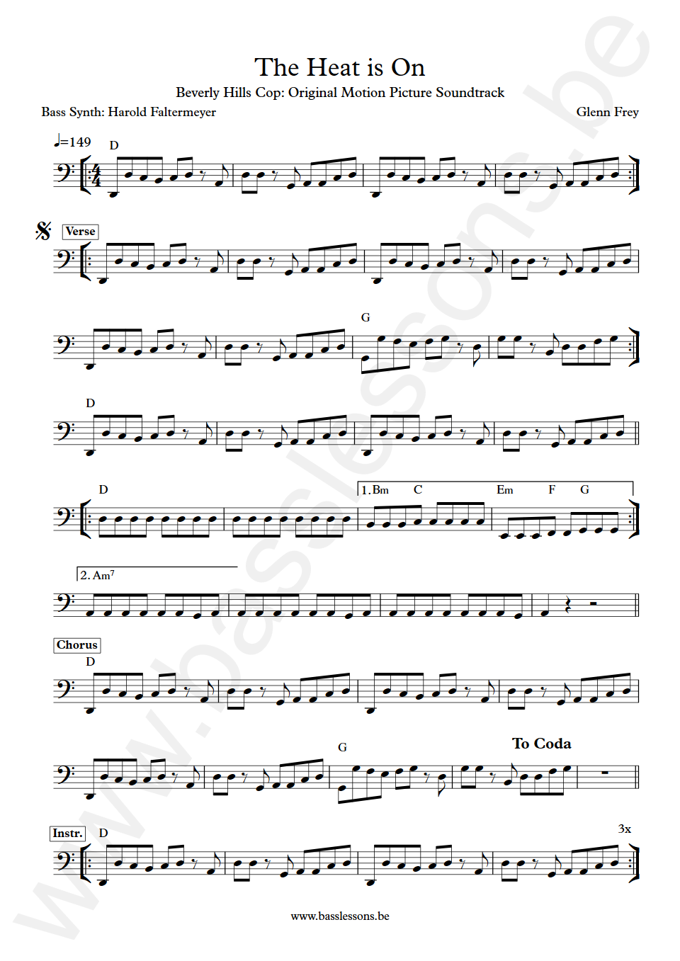 Glenn Frey The Heat Is On Harold Faltermeyer synth Bass Transcription