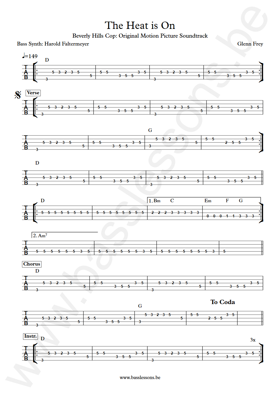 Glenn Frey The Heat Is On Harold Faltermeyer synth Bass Tab