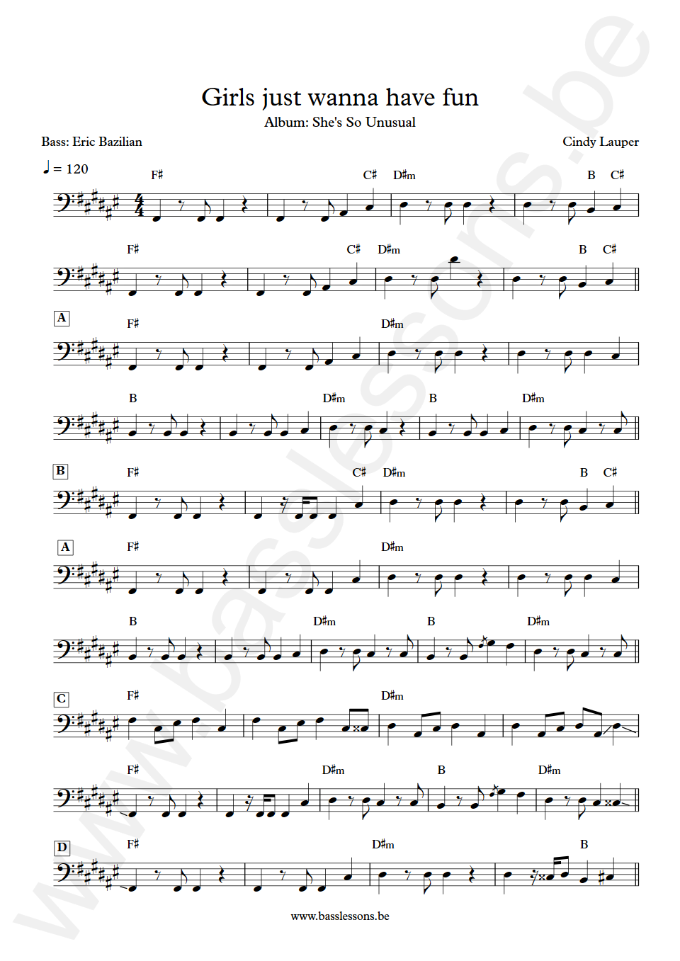 Cindy Lauper Girls just wanna have fun Eric Bazilian Bass Transcription