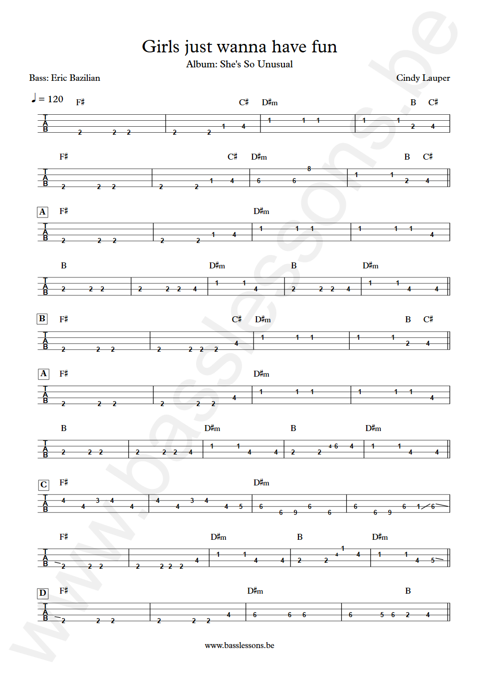 Cindy Lauper Girls just wanna have fun Eric Bazilian Bass Tab