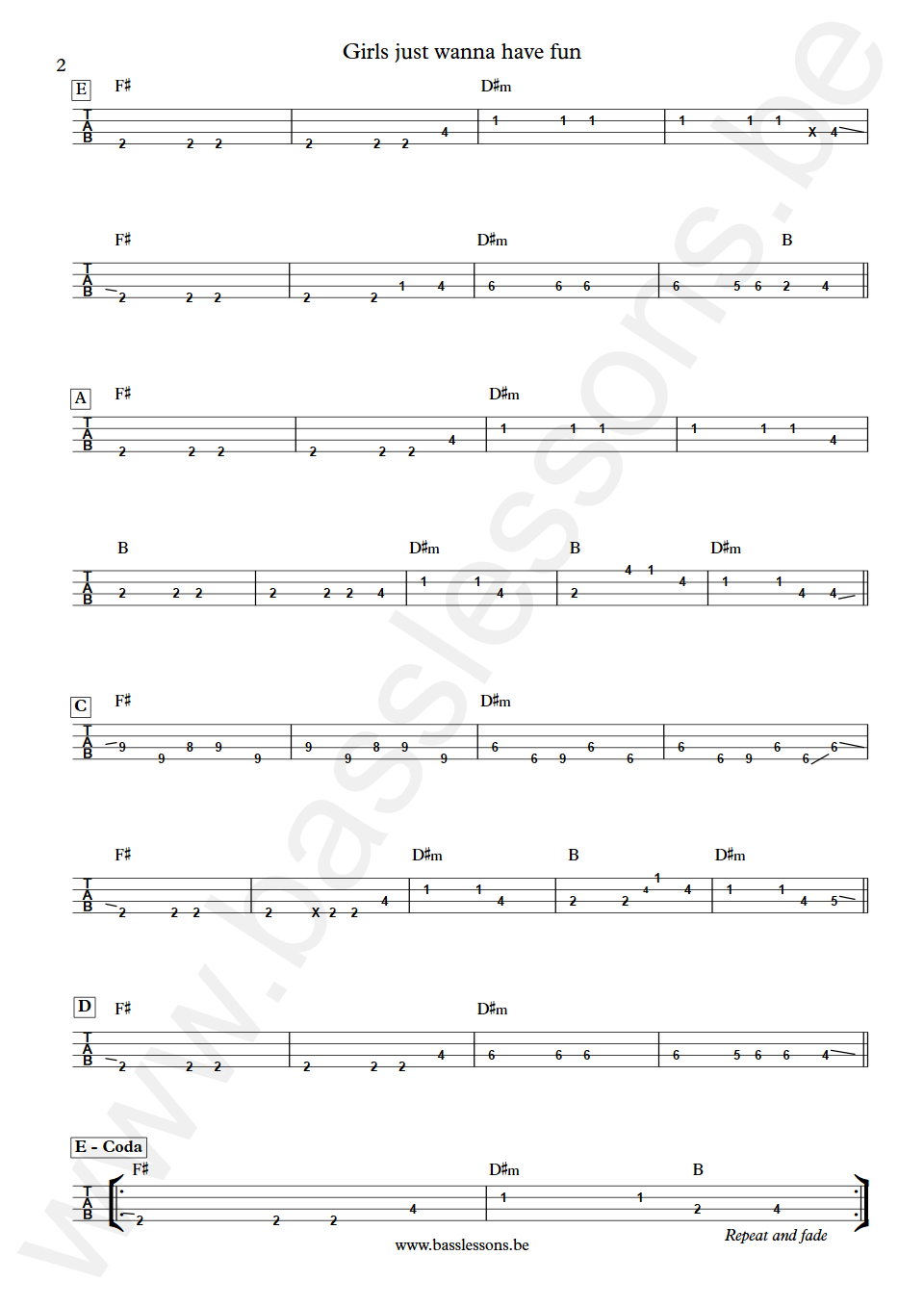 Cindy Lauper Girls just wanna have fun Eric Bazilian Bass Tab part 2