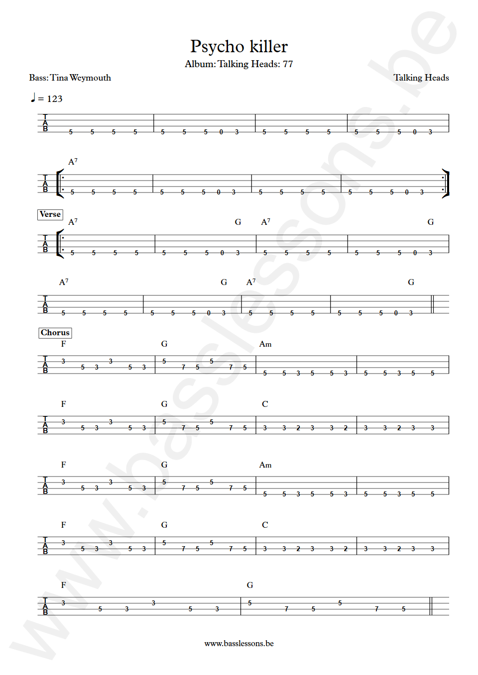 Talking Heads Psycho killer Tina Weymouth Bass Tab