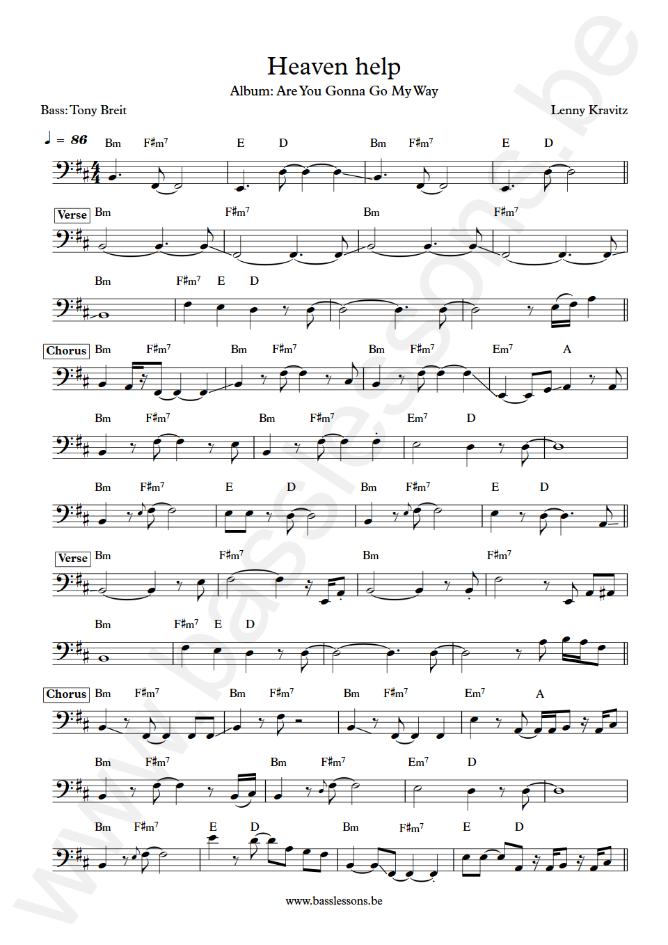 Lenny Kravitz Heaven help Tony Breit Bass Transcription