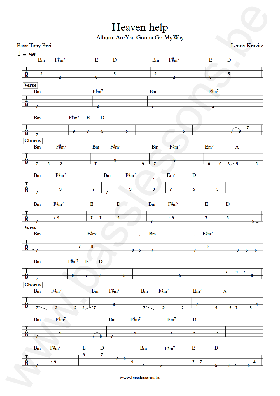 Lenny Kravitz Heaven help Tony Breit Bass 4-string Tab