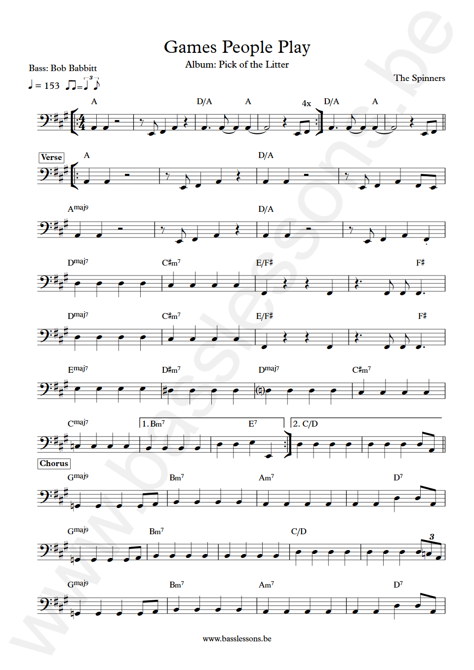 The Spinners Games People Play Bob Babbitt Bass Transcription