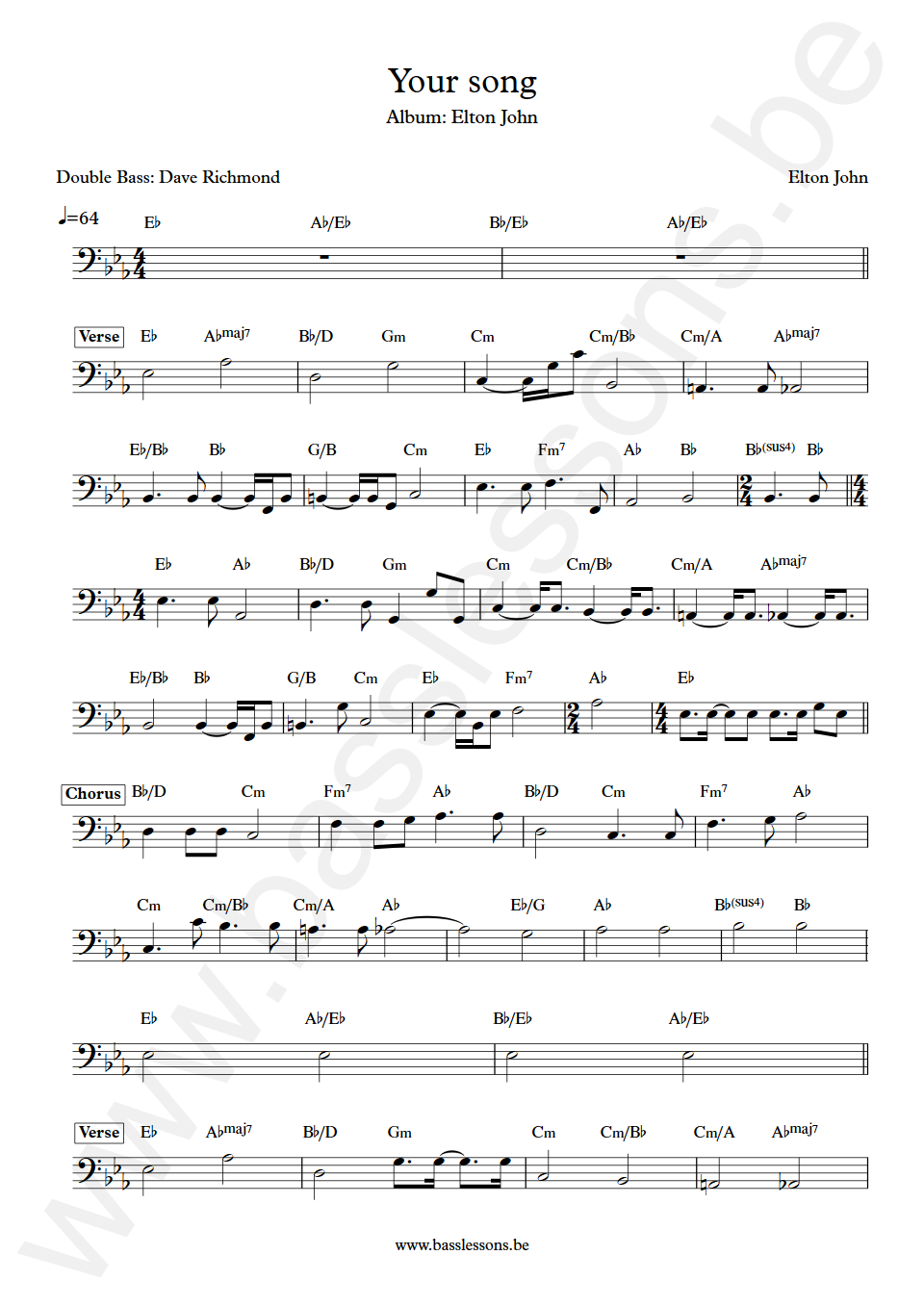 Elton John Your song Dave Richmond upright Bass Transcription
