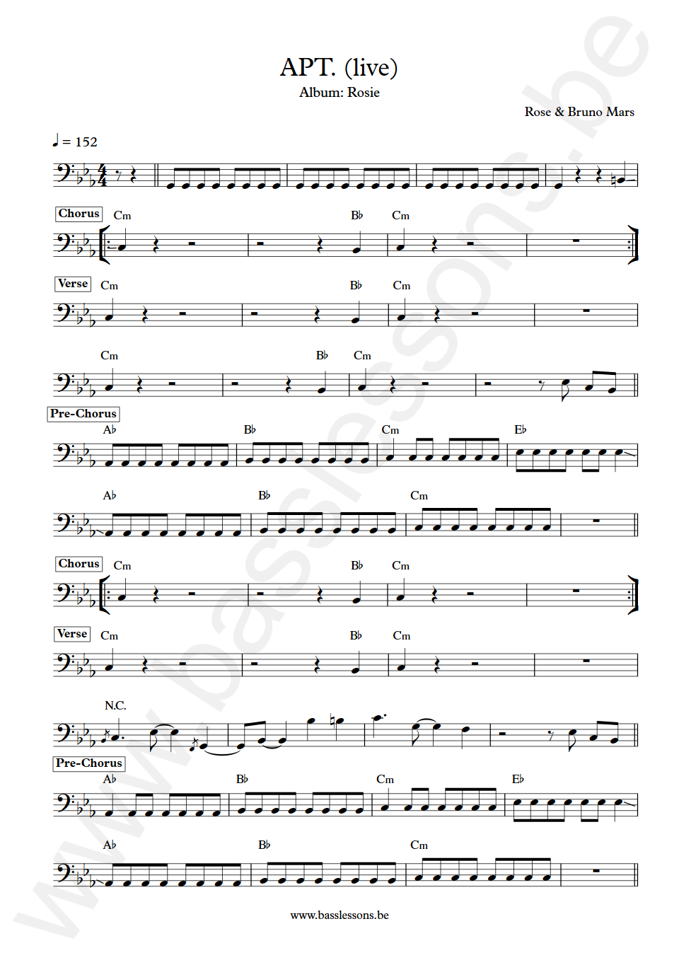 Rosé & Bruno Mars  APT. (live) Unknown Bass Transcription