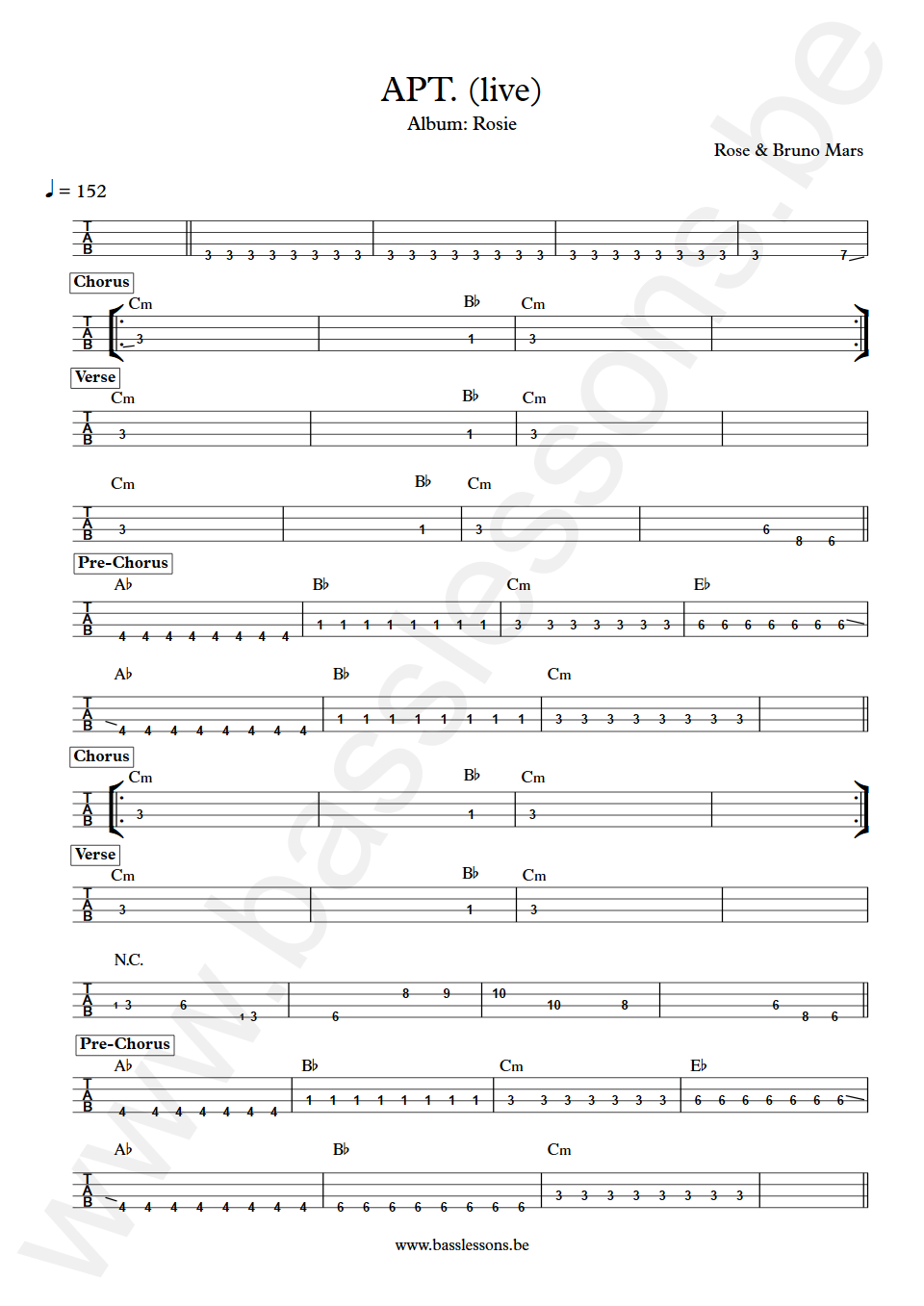 Rosé & Bruno Mars  APT. (live) Unknown Bass Tab