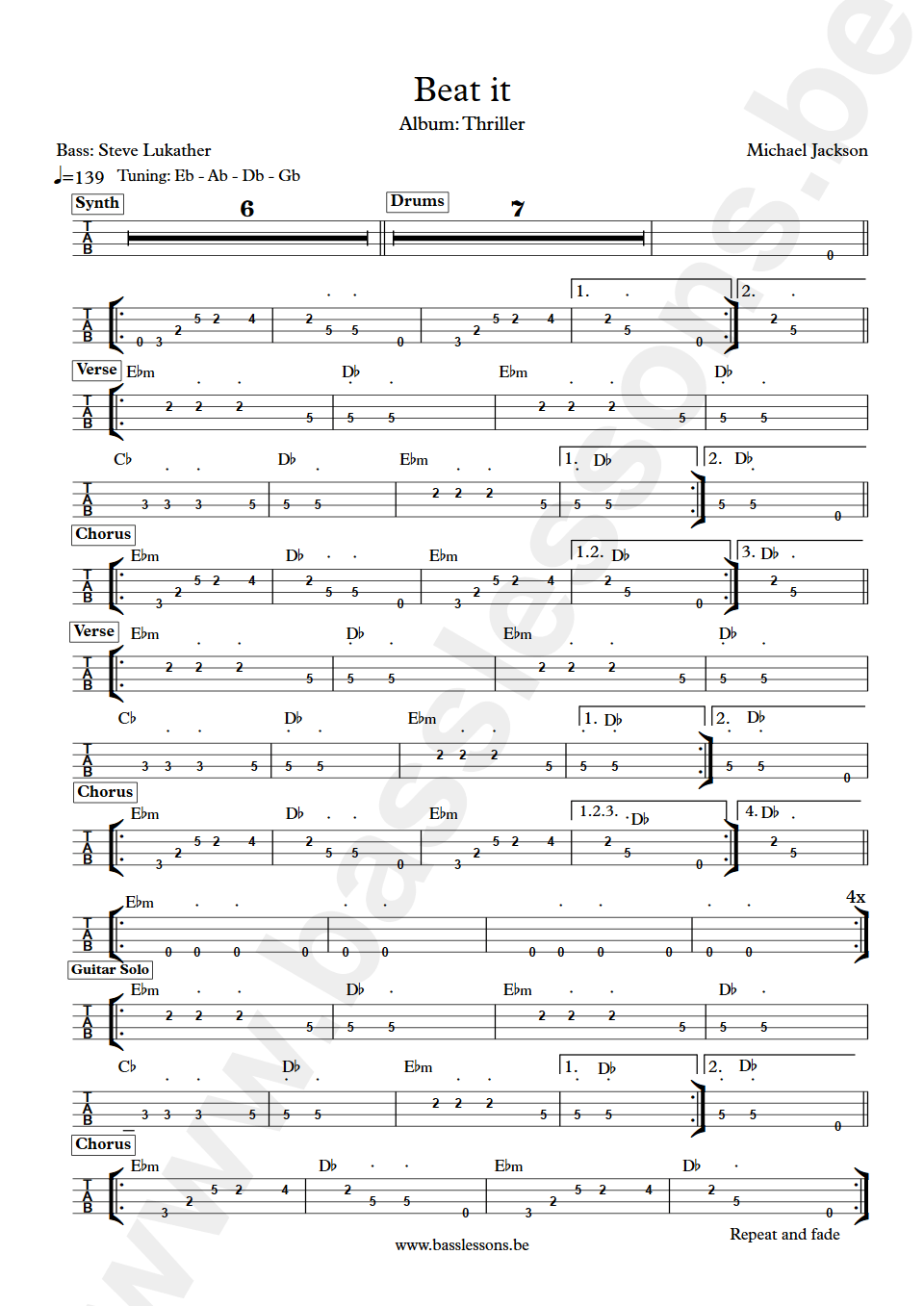 Michael Jackson Beat it Steve Lukather bass tab